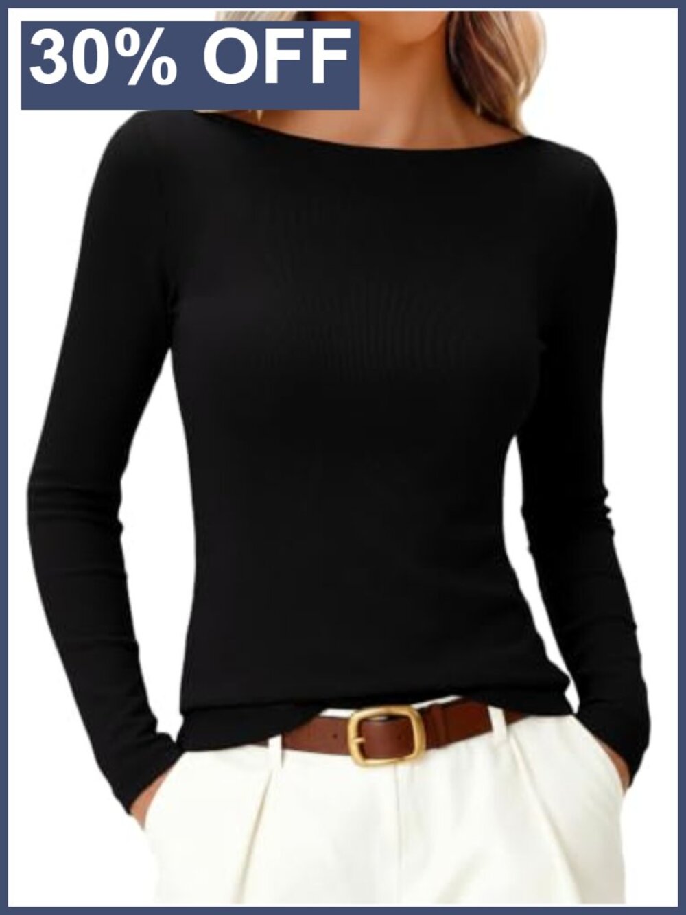 Womens Boat Neck Long Sleeve Thermal Shirt Slim Fit Ribbed Knit Top